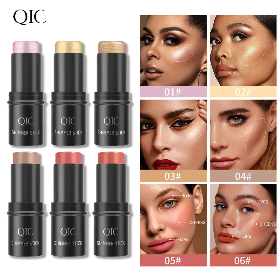 Blushimmer face contouring bronzer stick with highlighter and blush, creamy concealer pen for brightening and makeup modification.