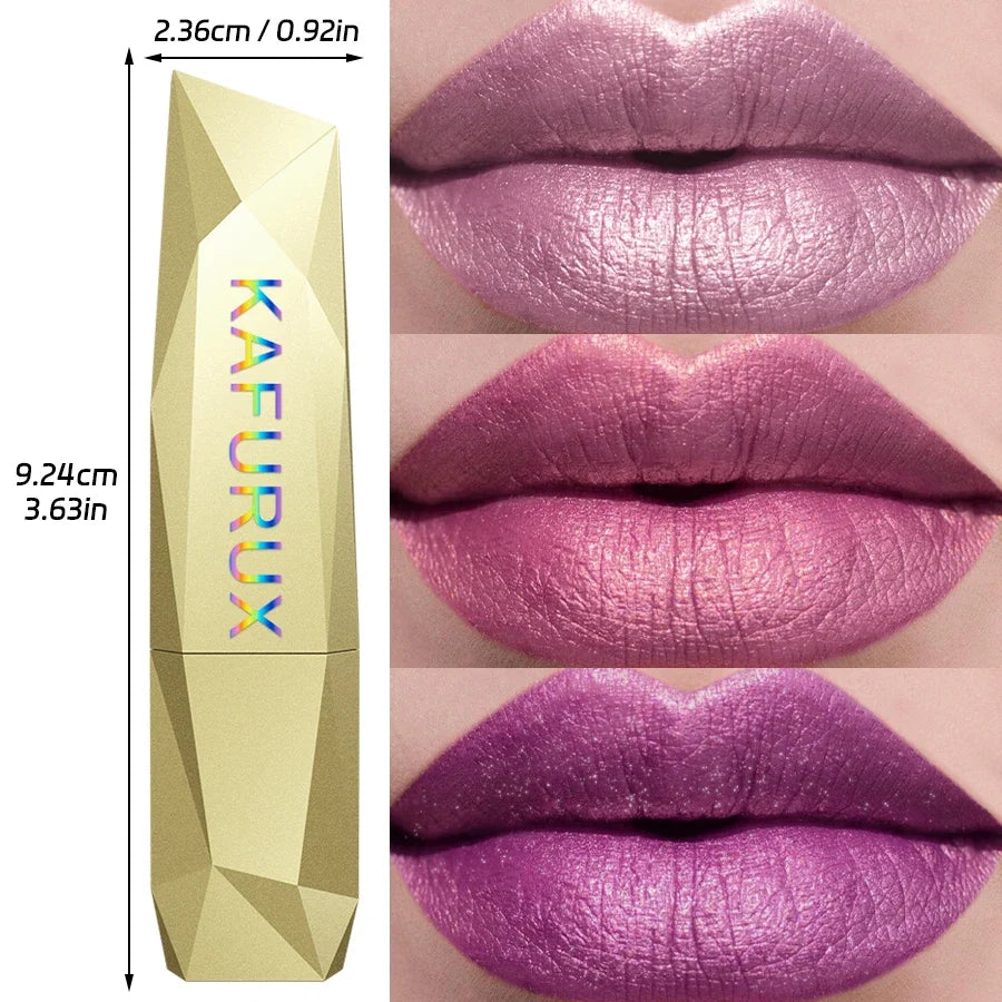 Blushimmer 21-color metallic lipstick with glitter and pearlescent finish, showcasing bold, shiny, long-lasting lip makeup.