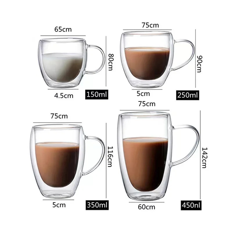 2PC Double Wall Glass Cup Heat Insulation Transparent Handmade Tea Drink Cups MINI Whisky glasses Coffee Mug with handle ﻿