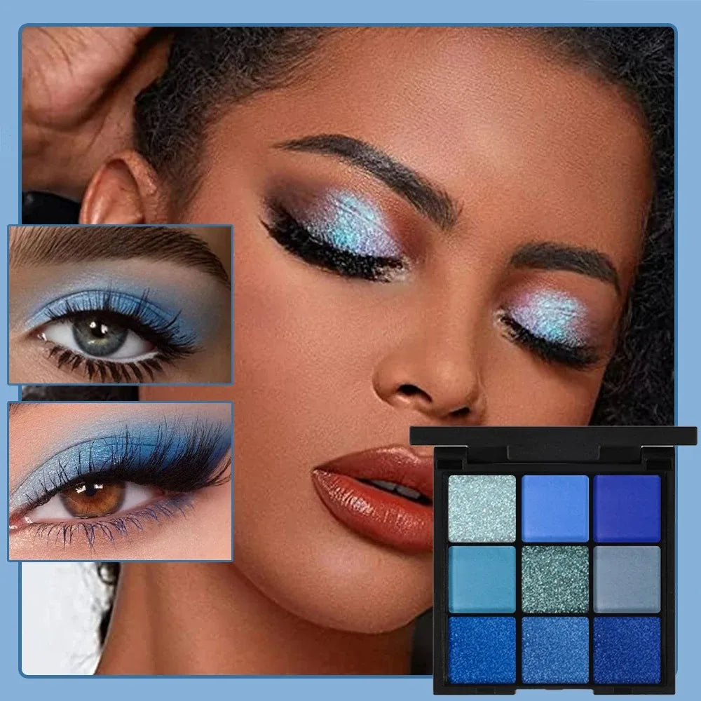 Blushimmer 9-color eyeshadow palette with matte, metallic, and shimmering shades in bright, waterproof, long-lasting makeup set