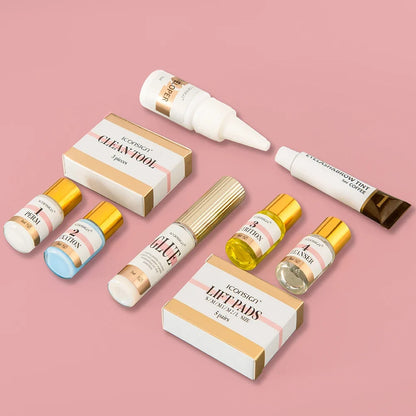 Blushimmer ICONSIGN Lash Lift and Tint Kit with eyelash perm and brow dye, showing the kit components and tools.