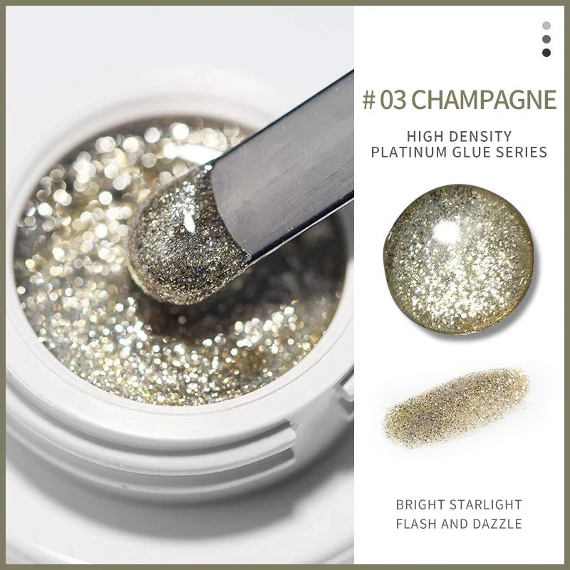 Blushimmer silver and gold metallic nail gel with UV glitter, embossed finish, soak-off formula, suitable for professional nail art.