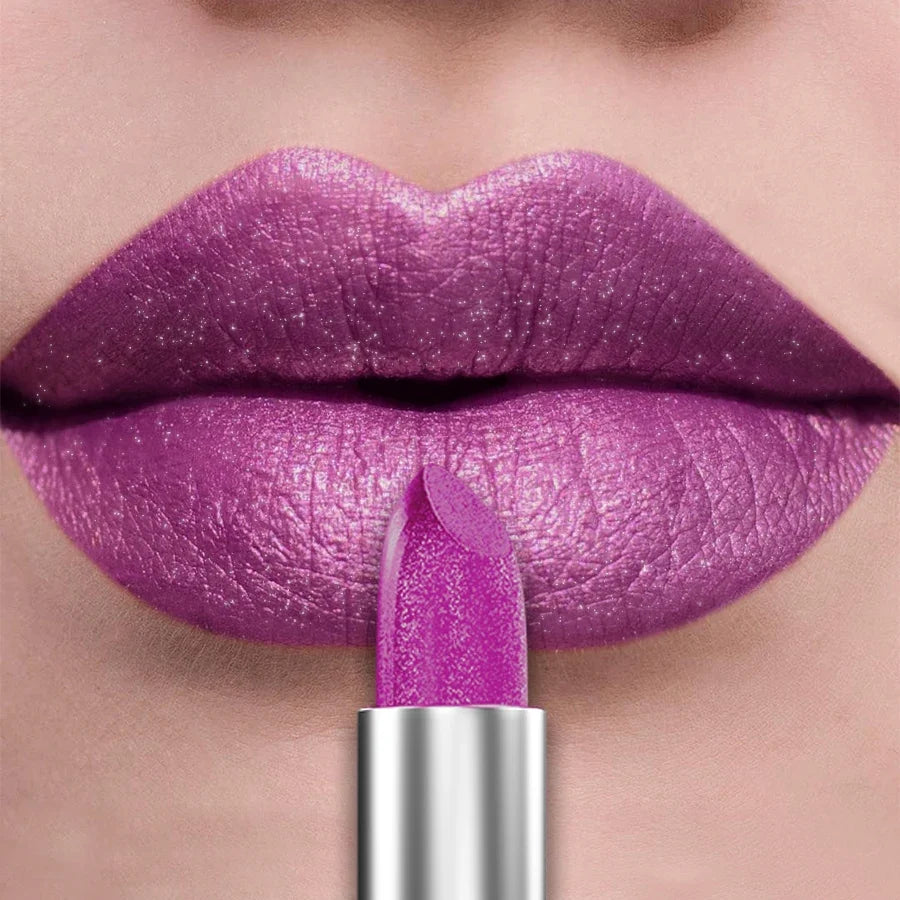 Blushimmer 21-color glitter metallic lipstick and lip tint with shiny, pearlescent finish in a sleek tube, long-lasting lip makeup.