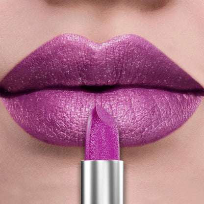 Blushimmer 21-color glitter metallic lipstick and lip tint with shiny, pearlescent finish in a sleek tube, long-lasting lip makeup.