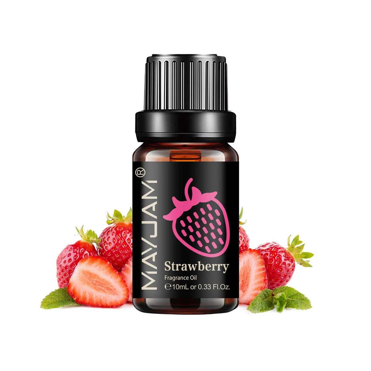 Blushimmer MAYJAM fruit essential oil 10ml bottle with cherry, banana, papaya, grape, and other fruit fragrance oils for diffuser and candles.