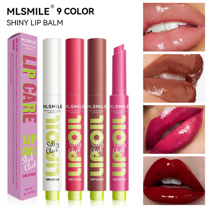 Blushimmer Silky Click Lip Care hydrating solid lip gloss in multicolor with mirror shine and long-lasting, effortless press application