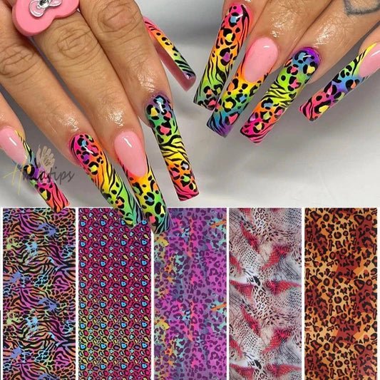 Neon jelly animal nail foil with water leopard print design from Blushimmer, ideal for nail art transfer stickers and decorative wraps.