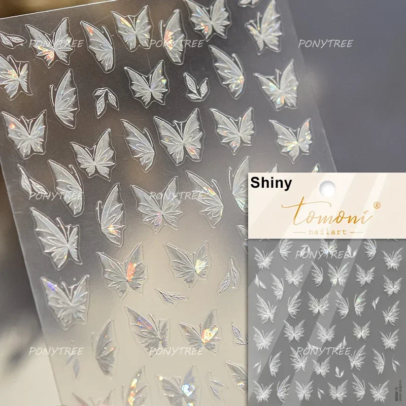 Shiny jelly butterfly 5D nail art sticker with rhinestones and insect design on a clear background for DIY manicure decoration.