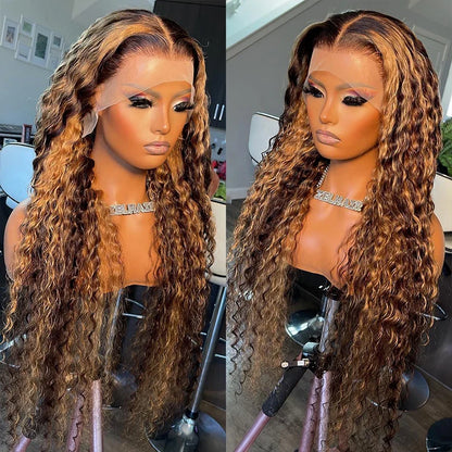 30-inch honey brown curly lace front human hair wig with ombre color, 13x6 lace frontal, deep wave pattern by Selvanelle