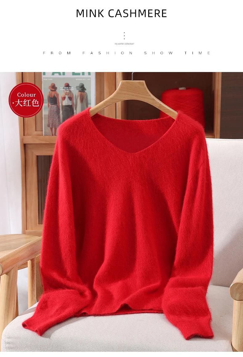 Autumn And Winter New High-End Female Mink Cashmere Sweater Solid Color Long-Sleeved Wool Knit Bottoming Sweater Loose Top