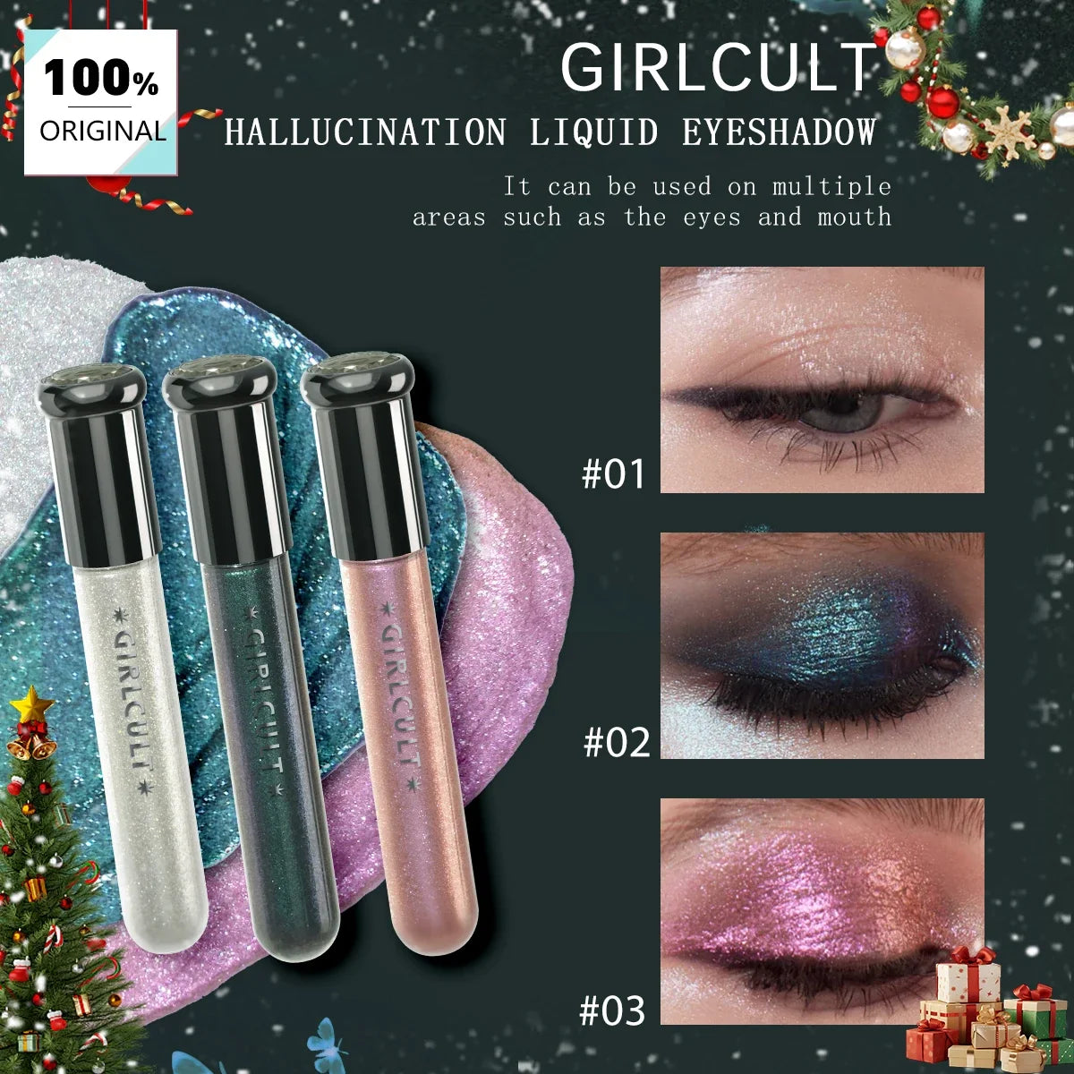 Girlcult Hallucination Liquid Eyeshadow by Blushimmer with fine glitter, metallic shine, and iridescent shift for eye highlighting.