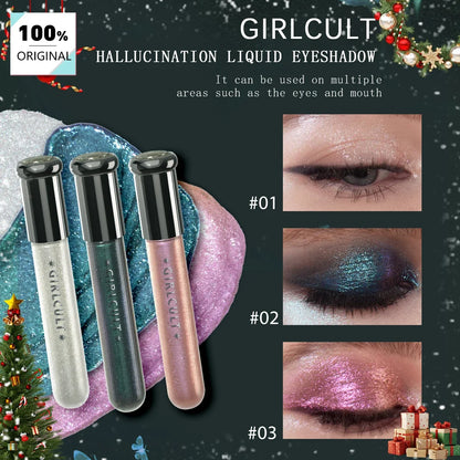 Girlcult Hallucination Liquid Eyeshadow by Blushimmer with fine glitter, metallic shine, and iridescent shift for eye highlighting.