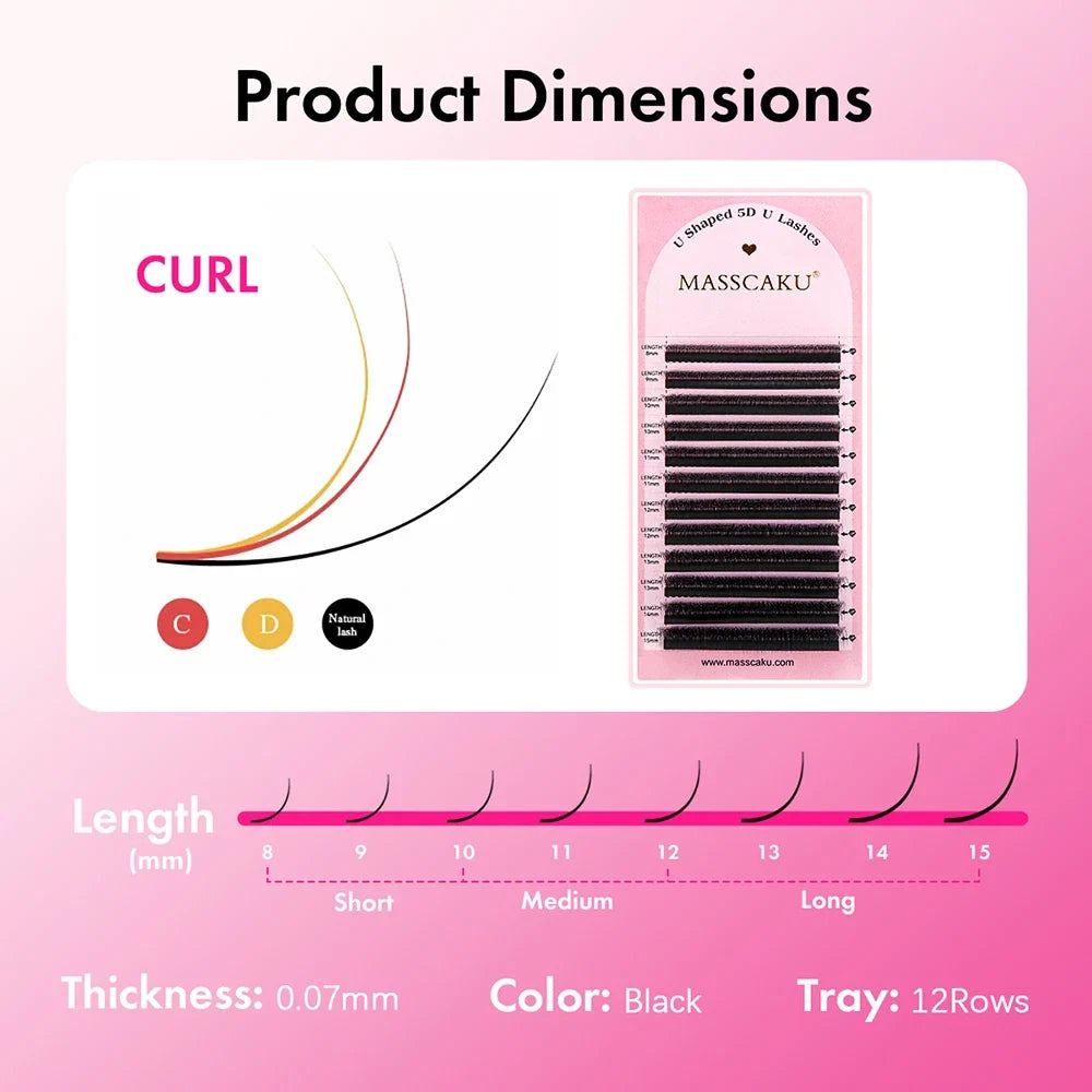 Blushimmer MASSCAKU U-shaped 3D 4D 5D eyelash extensions with C and D curls, natural mink false lashes in premade fan volume style