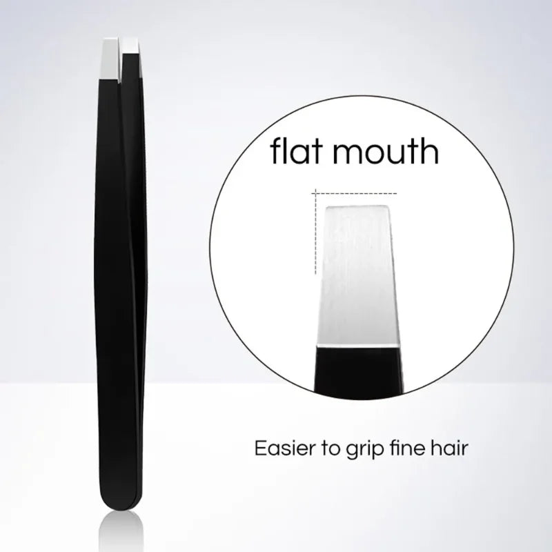 Blushimmer stainless steel black eyebrow tweezer with slant and flat tips for precise eyebrow shaping and ingrown hair removal.