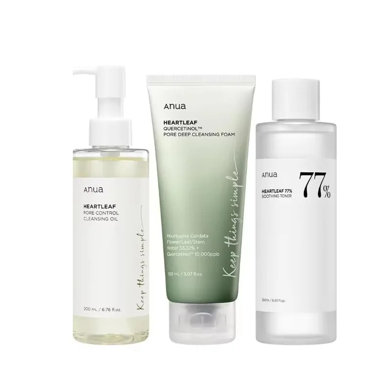 Korean ANUA Heartleaf skincare set including soothing acne toner, daily lotion, deep cleansing foam, and facial cleansing oil.
