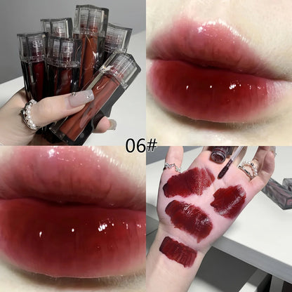 Blushimmer Adorable Bear Mirror Lip Glaze with watery texture, long-lasting shiny hydrating liquid lipstick, displayed in a mirror container.