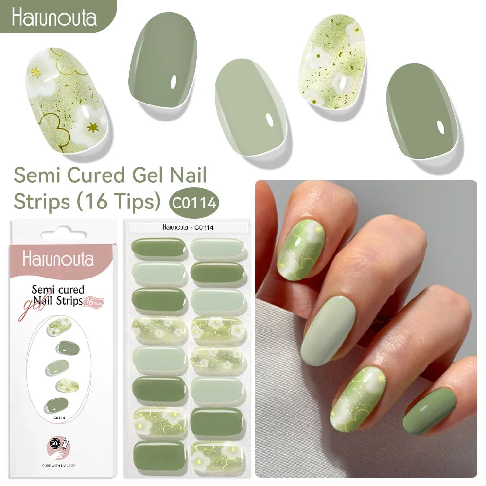 Harunouta Blushimmer gradient red marble gel nail strips with gold lines, semi-cured DIY gel polish stickers for UV/LED nails.