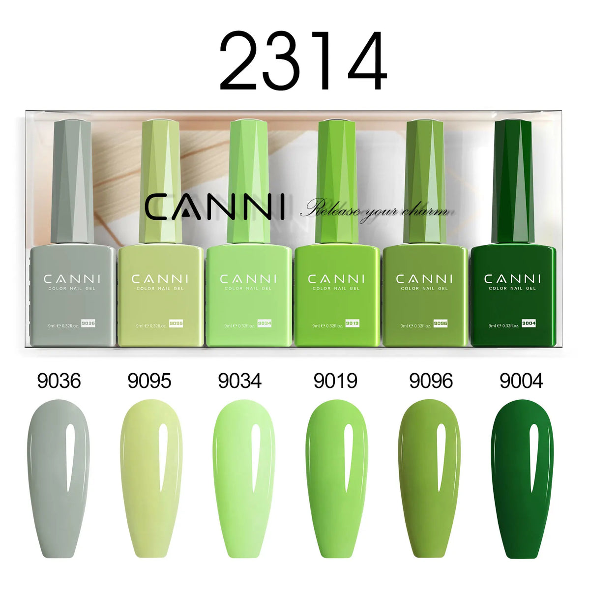 Blushimmer 6-pack CANNI nail gel polish kit with jade, nude, pink shades, HEMA free, perfect for French nail designs and natural color looks.