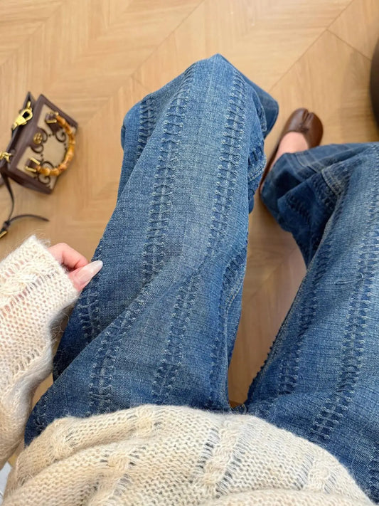 Blue Casual Heavy Craftsmanship High Waist Wide Leg Jeans For Women 2025 New Version, Good-Looking Straight Leg Pants