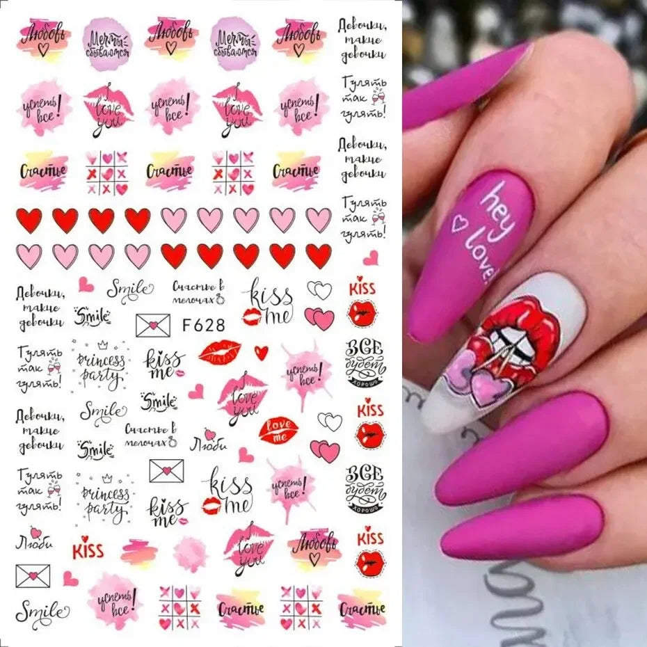 Set of 6PCS Blushimmer 3D Valentines Day nail art stickers with cute girl cartoon and lover letter designs for phone and nail decoration.