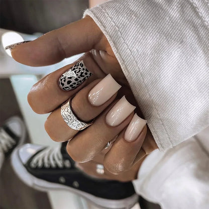 Blushimmer 3D bowknot pearl leopard French nude almond false nails, wearable nail art with press-on design and detachable finish.