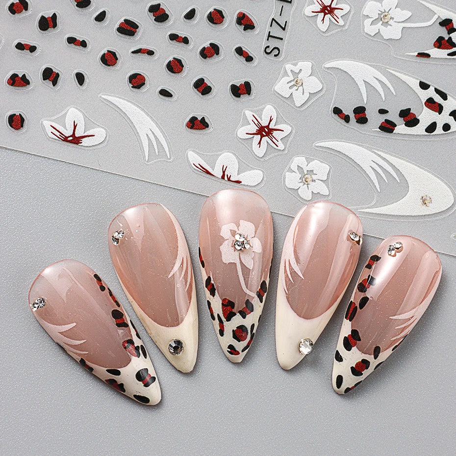 Holographic leopard French nail stickers with flowers, self-adhesive decals for manicure art by Blushimmer.