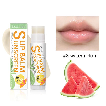 Blushimmer SPF 30 sunscreen lip balm in watermelon coconut banana flavor, moisturizing colorless lipstick for sun protection.