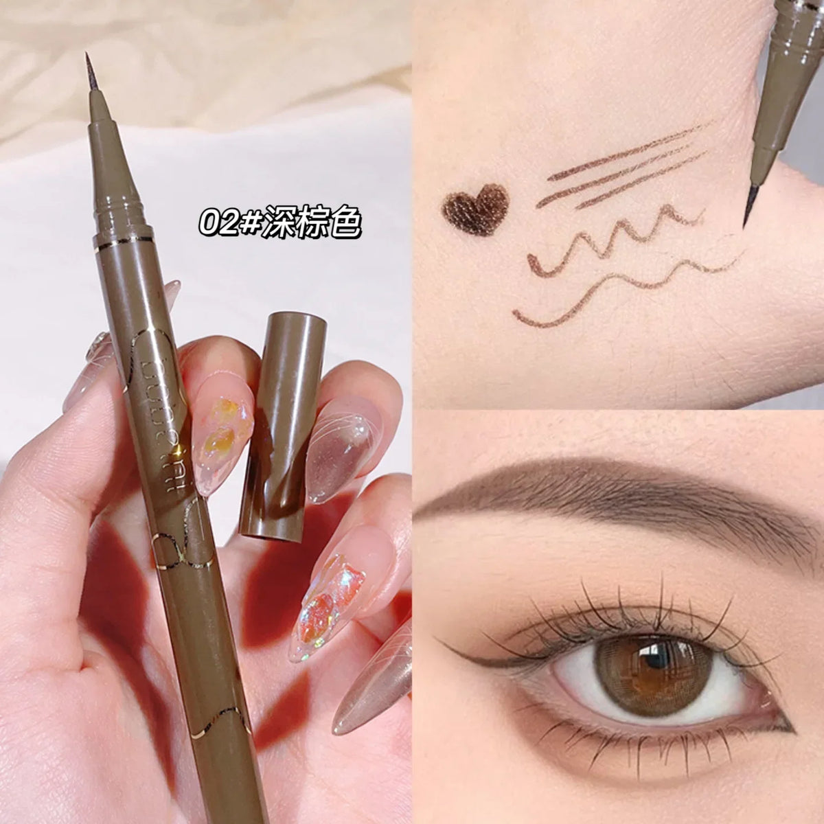 Blushimmer waterproof brown liquid eyeliner pen with slim tip, ideal for precise, smudge-proof eye makeup application.