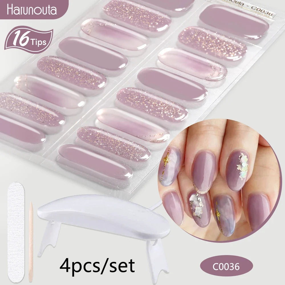 Blushimmer Harunouta 4-piece set of gradient nude pink jelly gel nail strips with waterproof finish and matching nail lamp.