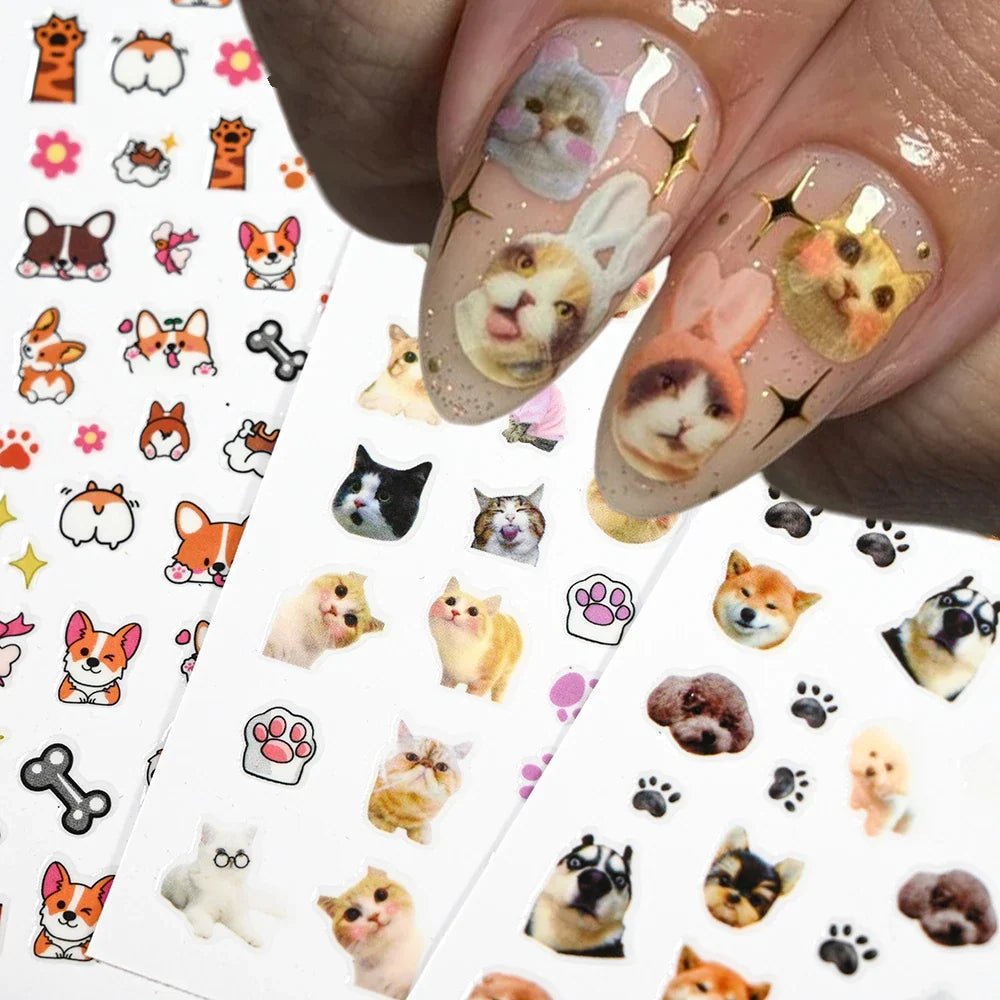 Cute Blushimmer cat nail decals featuring 3D animal cartoon dog and kitten designs for unique Y2K-style nail art.