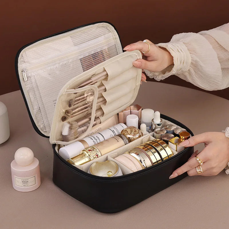 Blushimmer wholesale PU large capacity tote makeup bag with double layer design, ideal for travel and cosmetic storage.