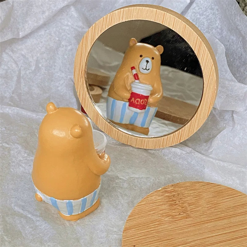 Blushimmer 1PC pure wood round compact cosmetic mirror for travel, portable beauty accessory, lightweight and stylish.