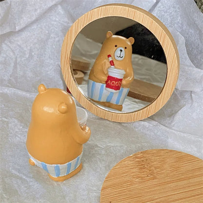 Blushimmer 1PC pure wood round compact cosmetic mirror for travel, portable beauty accessory, lightweight and stylish.