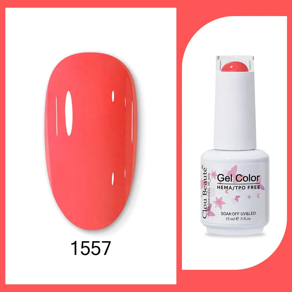 Blushimmer Clou Beaute 15ml gel nail polish in vibrant red, black, white, green, and neon colors with velvet top coat finish