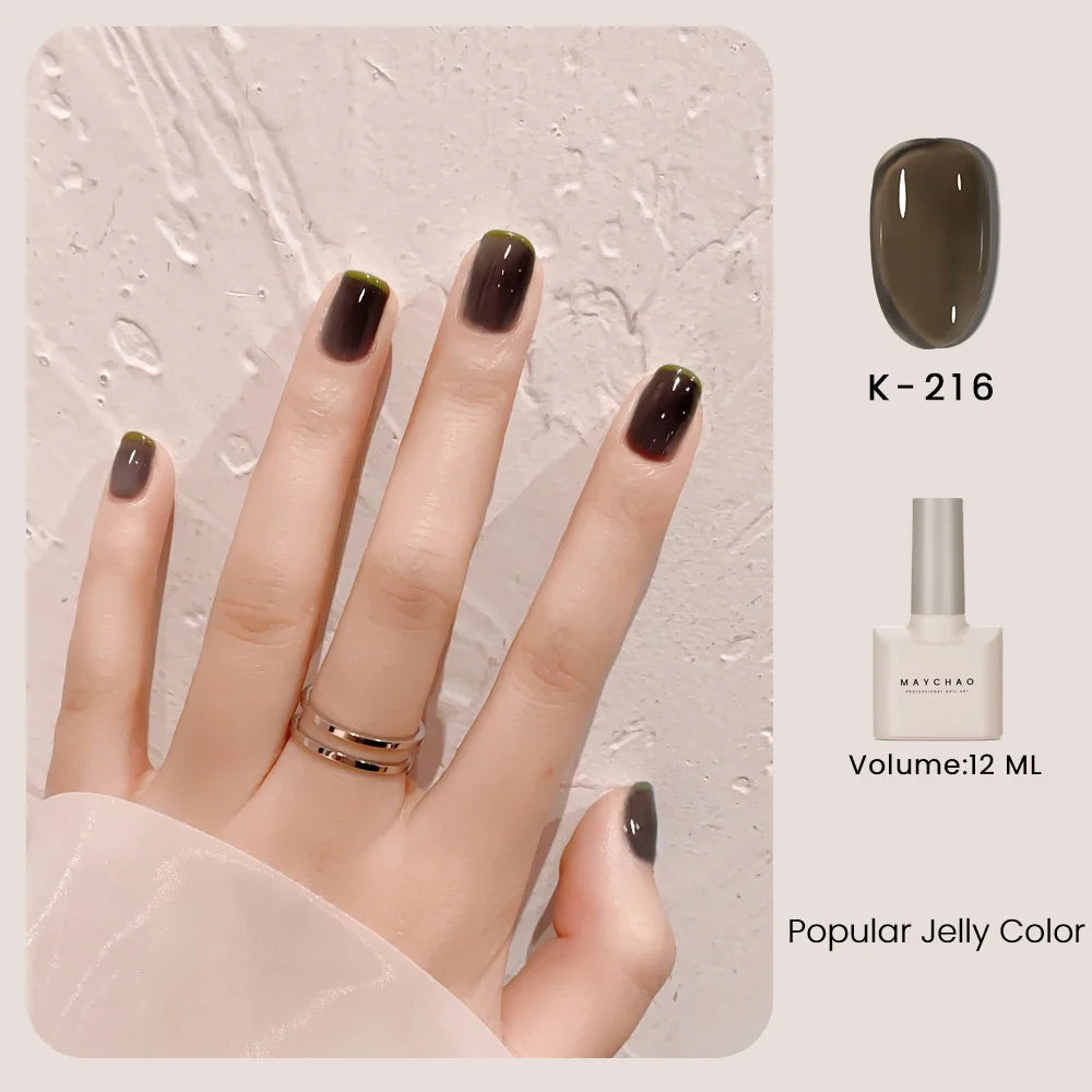Blushimmer MAYCHAO 12ml jelly gel nail polish semi-permanent top coat with UV LED soak-off gel, shown in a sleek nail art application.