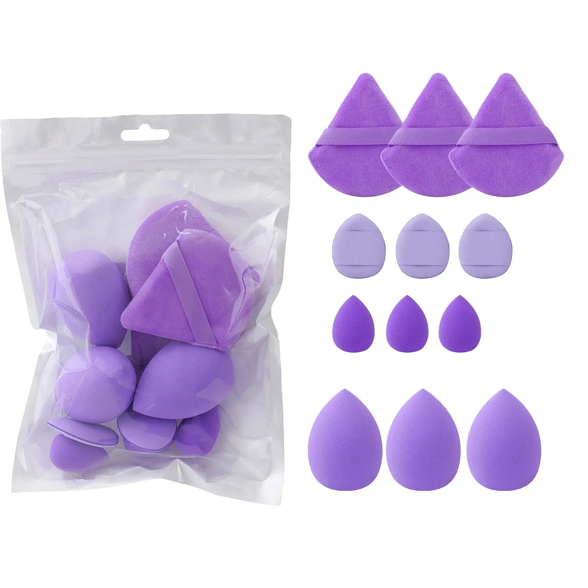 Blushimmer 12-piece all-purpose makeup sponge set with powder puffs, mini air cushion puffs, beauty eggs, and mini beauty sponges