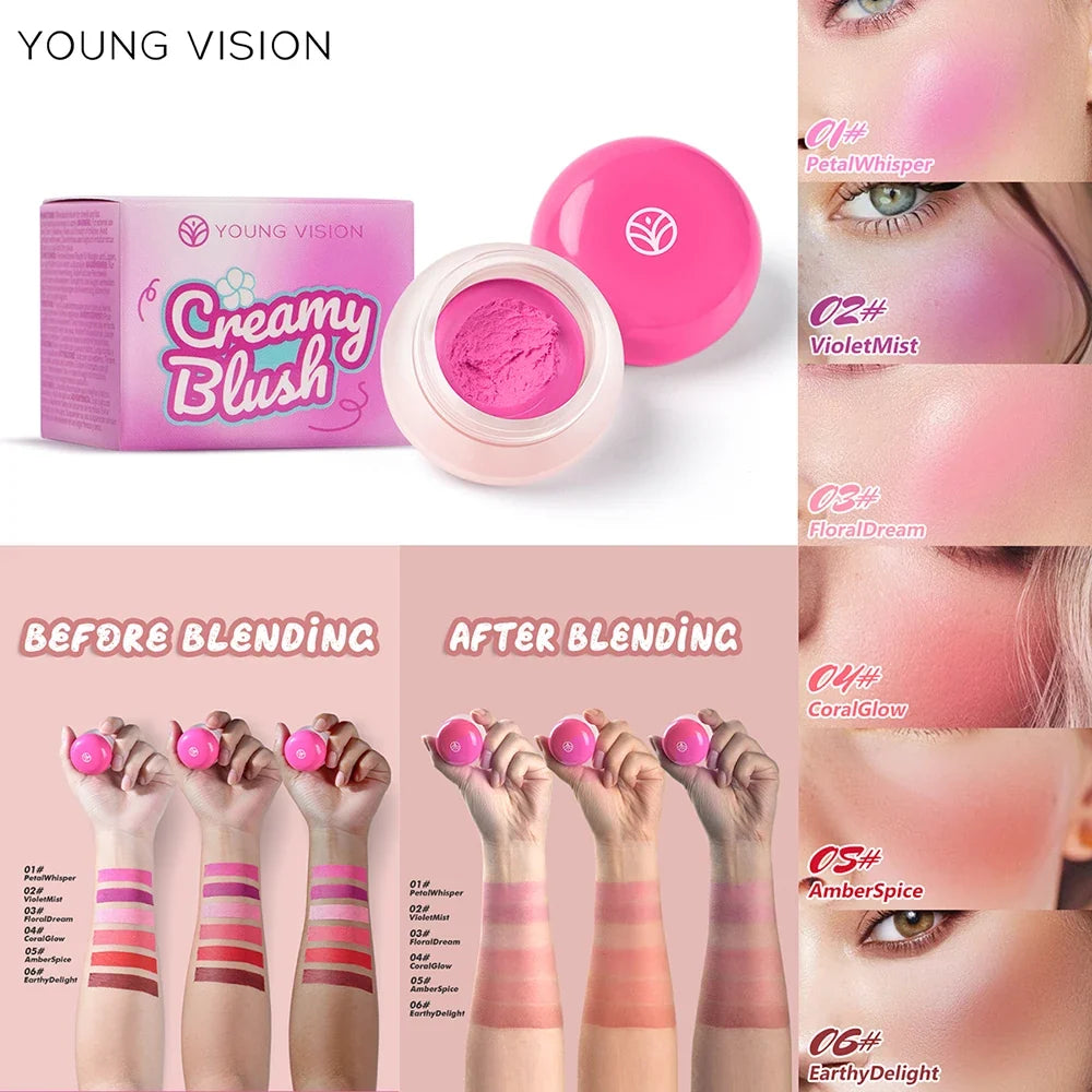 Blushimmer 6-color mousse texture powder blusher cream with matte velvet finish and finger puff applicator for a delicate, lasting glow