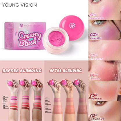 Blushimmer 6-color mousse texture powder blusher cream with matte velvet finish and finger puff applicator for a delicate, lasting glow
