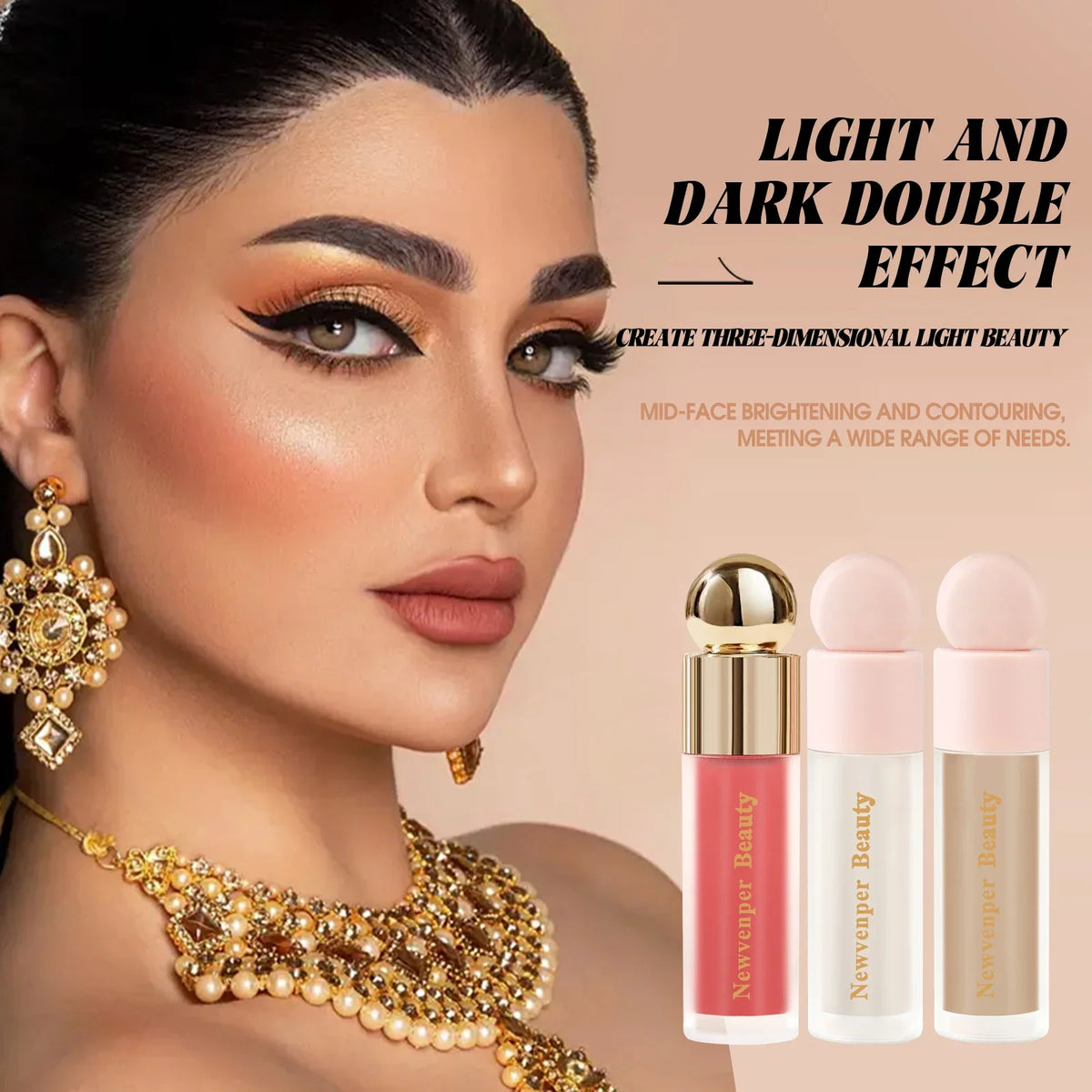 Blushimmer Liquid Highlighter, Blush, and Contour Stick set with pink shadow for face and body makeup, natural glow finish.