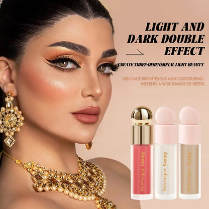 Blushimmer Liquid Highlighter, Blush, and Contour Stick set with pink shadow for face and body makeup, natural glow finish.