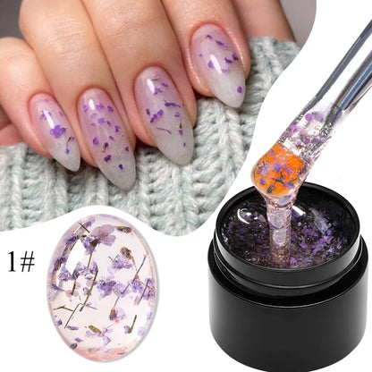 Blushimmer Meet Across 5ml pink dried flower gel nail polish with natural flower design, UV LED soak-off nail art gel.