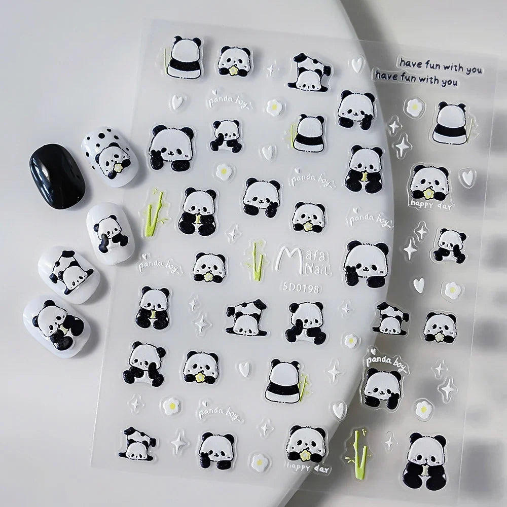 Blushimmer 1-piece 5D panda nail stickers with cartoon rabbits, flowers, and animals for cute self-adhesive nail art decals and decorations.