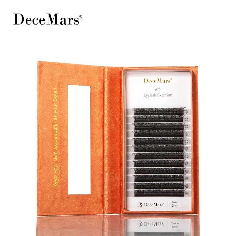 DeceMars 6D-W shaped eyelash extensions by Blushimmer, showcasing full, lush, curled synthetic lashes for a voluminous look