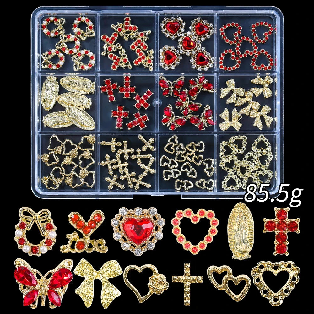 Set of 120 Blushimmer 3D gold bow and butterfly nail charms with shiny diamond star accents for nail art decoration.