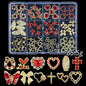 Set of 120 Blushimmer 3D gold bow and butterfly nail charms with shiny diamond star accents for nail art decoration.