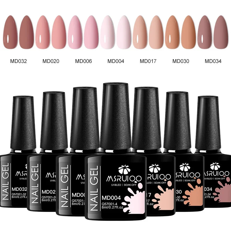 Blushimmer 7-piece nail gel polish set with various colors for DIY nail art, long-lasting UV gel, and soak-off manicure.