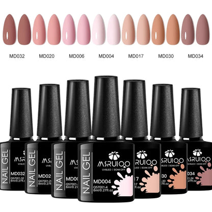 Blushimmer 7-piece nail gel polish set with various colors for DIY nail art, long-lasting UV gel, and soak-off manicure.
