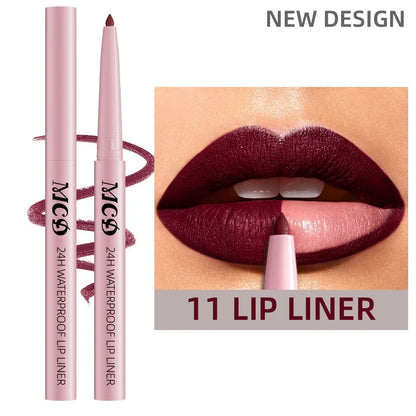 Blushimmer waterproof matte lip liner in sexy red shade for defining lips, with natural color and hydrating lip makeup look.