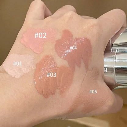 Blushimmer HERORANGE liquid blush in a natural, low-saturation matte finish for enhancing complexions, shown in a sleek bottle.