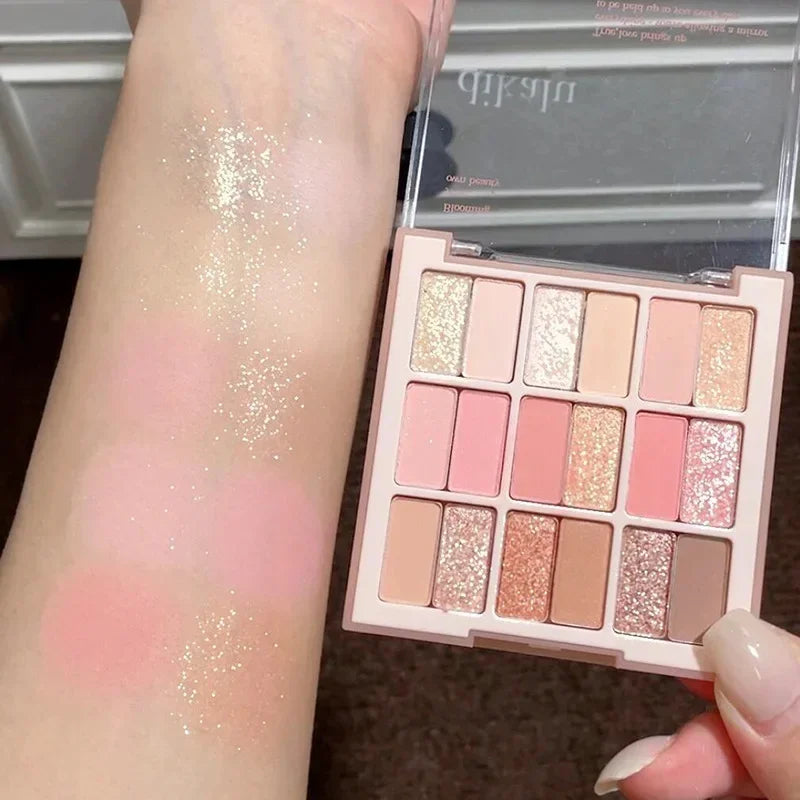 Blushimmer 18-color color blocking eyeshadow palette with pink and purple shades, perfect for summer eye makeup looks.
